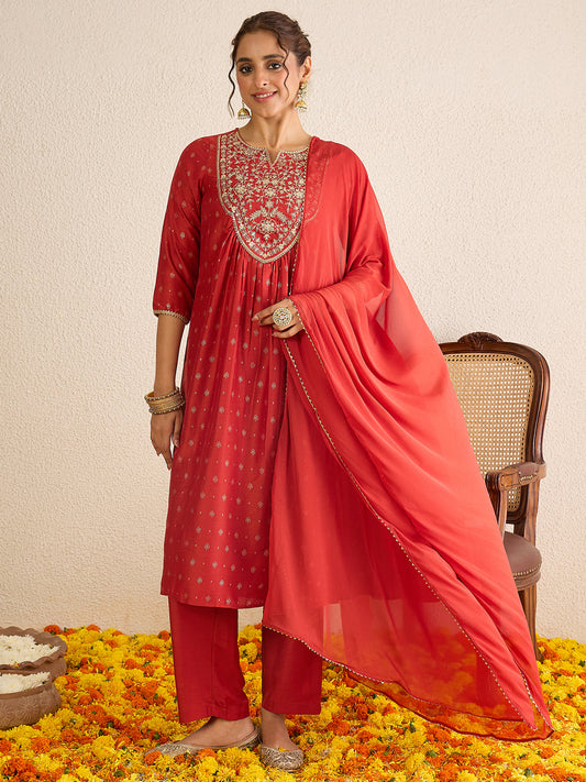 Janasya Women's Rust Silk Blend Zari Yoke Embroidered Gold Foil Printed A-line Kurta Set