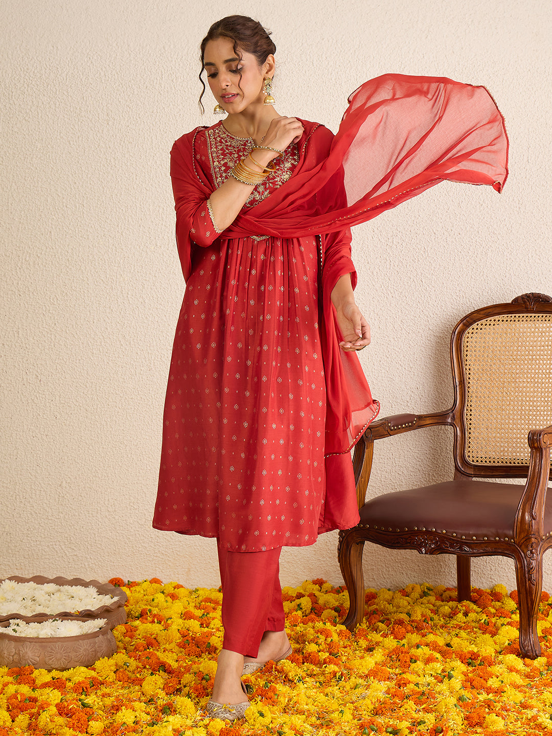 Janasya Women's Rust Silk Blend Zari Yoke Embroidered Gold Foil Printed A-line Kurta Set