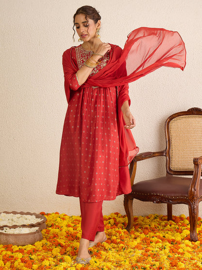Janasya Women's Rust Silk Blend Zari Yoke Embroidered Gold Foil Printed A-line Kurta Set