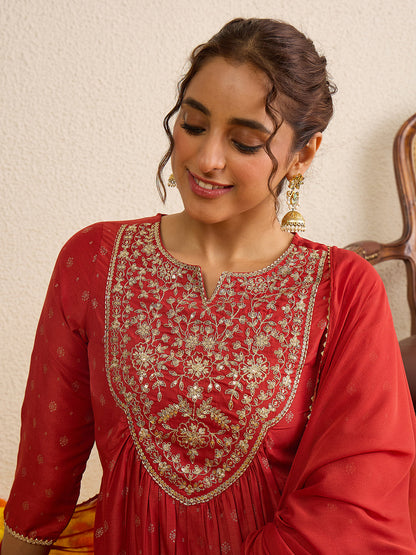 Janasya Women's Rust Silk Blend Zari Yoke Embroidered Gold Foil Printed A-line Kurta Set
