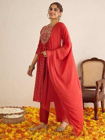 Janasya Women's Rust Silk Blend Zari Yoke Embroidered Gold Foil Printed A-line Kurta Set
