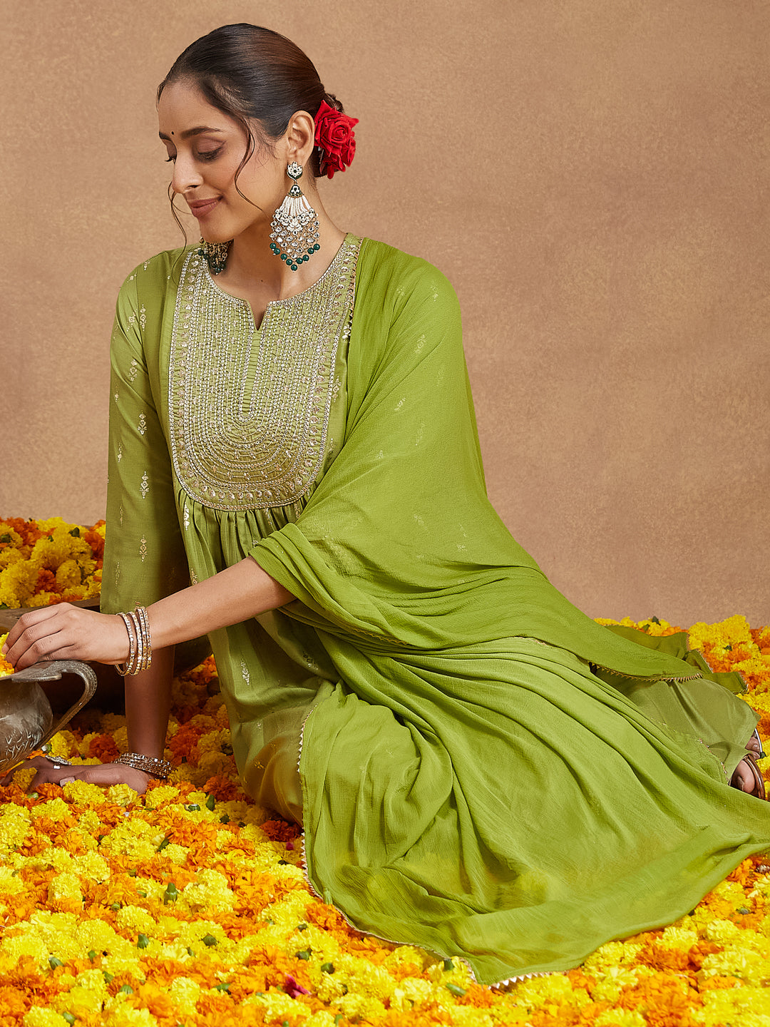 Janasya Women's Lime Green Silk Blend Zari Yoke Embroidered Gold Printed A-line Kurta Set