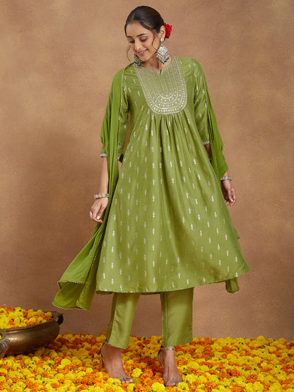 Janasya Women's Lime Green Silk Blend Zari Yoke Embroidered Gold Printed A-line Kurta Set