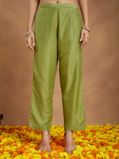 Janasya Women's Lime Green Silk Blend Zari Yoke Embroidered Gold Printed A-line Kurta Set