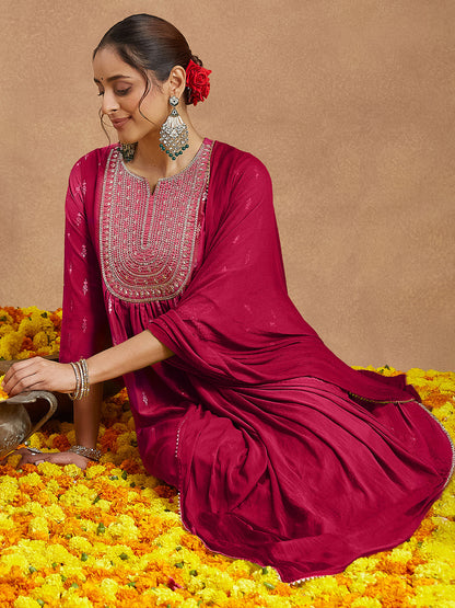 Janasya Women's Pink Silk Blend Zari Yoke Embroidered Gold Printed A-line Kurta Set With Dupatta