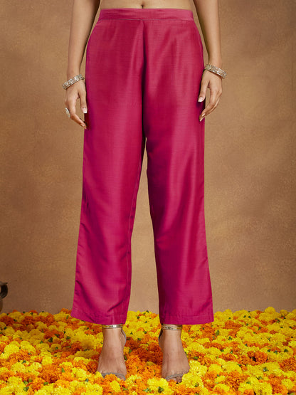 Janasya Women's Pink Silk Blend Zari Yoke Embroidered Gold Printed A-line Kurta Set With Dupatta