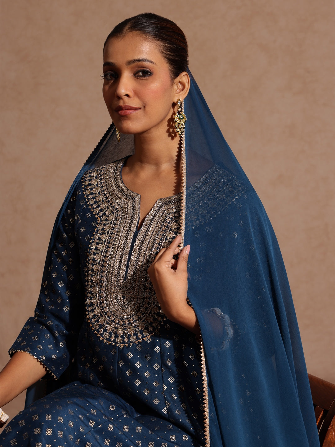 Janasya Women's Teal Blue Silk Blend Zari Embroidered Gold Printed Anarkali Kurta Set