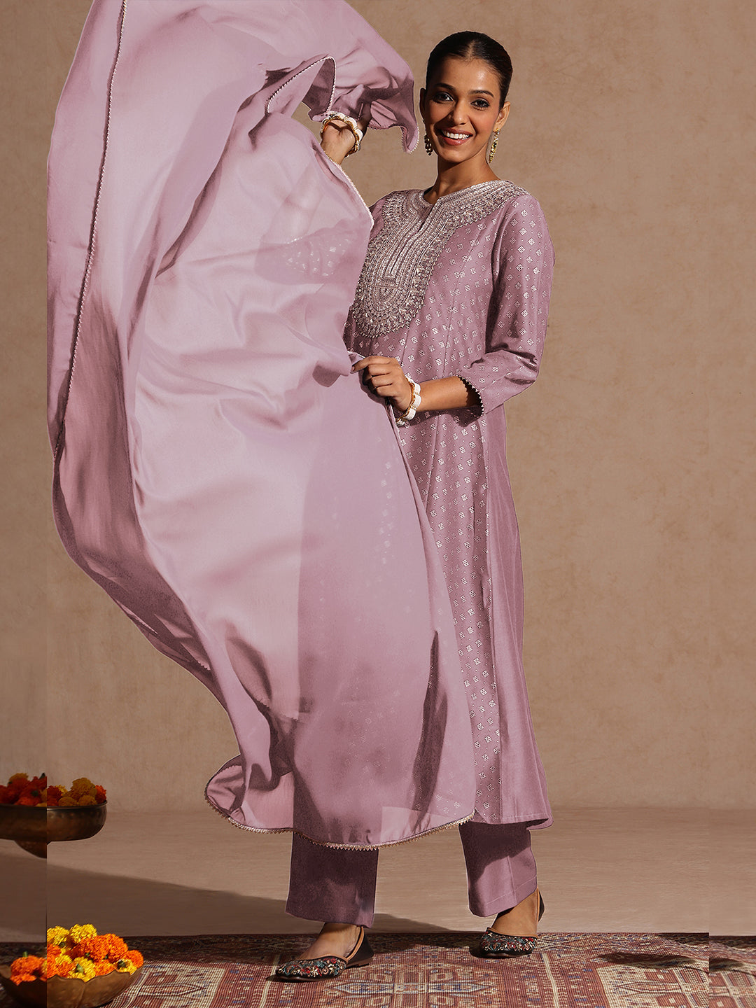 Janasya Women's Lavender Silk Blend Zari Embroidered Gold Printed Anarkali Kurta Set