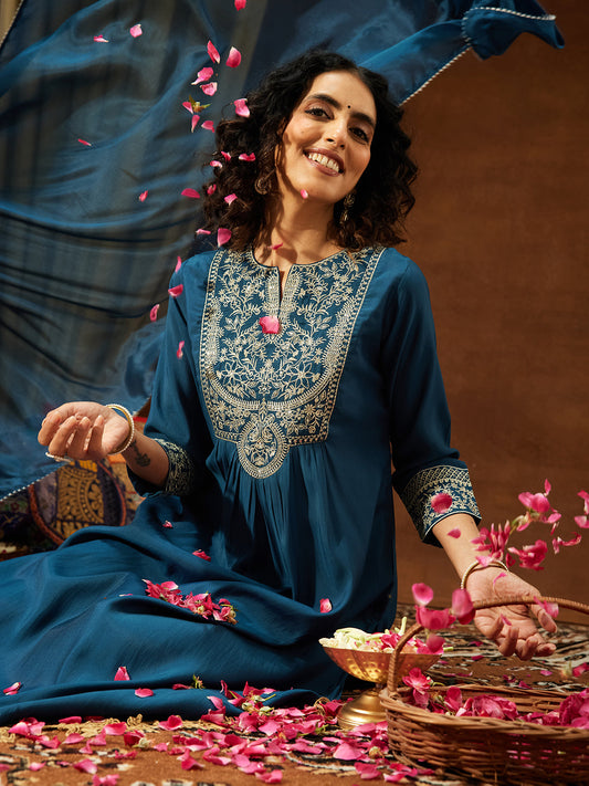 Janasya Women's Teal Blue Chanderi Silk Zari Embroidered A-line Kurta Set