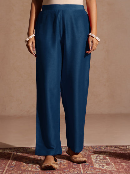 Janasya Women's Teal Blue Silk Blend Zari Yoke Embroidered A-line Kurta Set With Dupatta