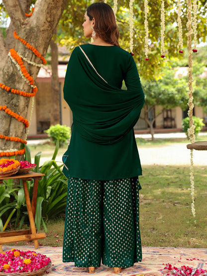 Janasya Women's Dark Green Georgette Embroidered Straight Kurta With Sharara & Dupatta Set
