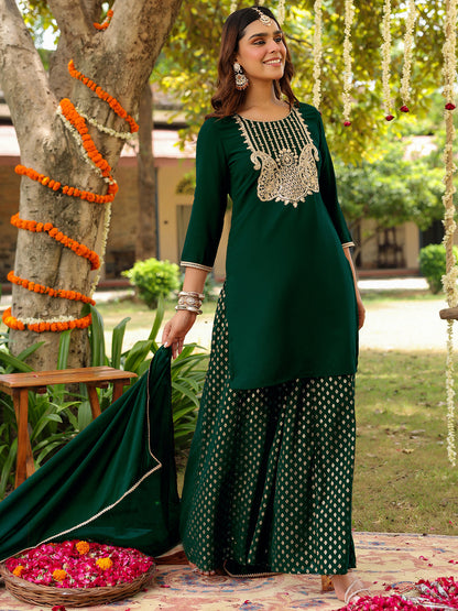 Janasya Women's Dark Green Georgette Embroidered Straight Kurta With Sharara & Dupatta Set