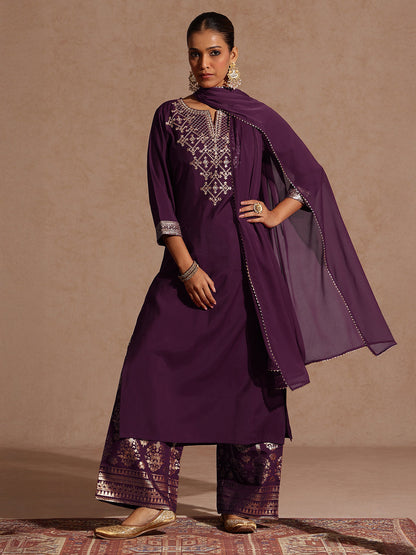 Janasya Women's Wine Chanderi Silk Embellished Straight Kurta With Palazzo & Dupatta Set