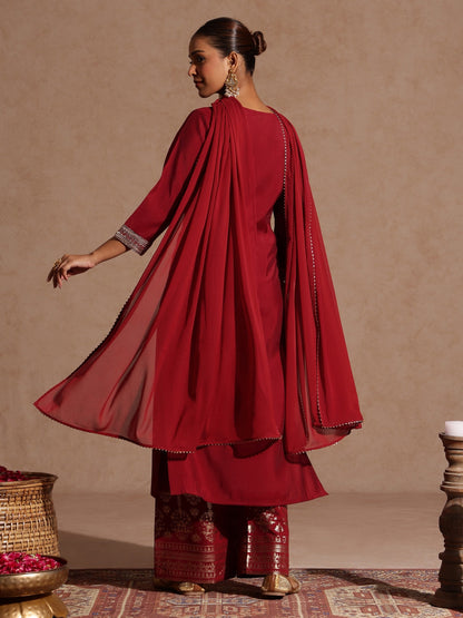 Janasya Women's Maroon Chanderi Silk Zari Embroidered Gold Printed Straight Kurta Set