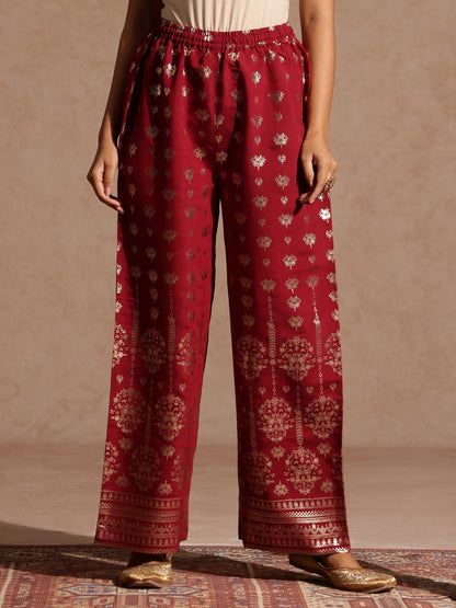 Janasya Women's Maroon Chanderi Silk Zari Embroidered Gold Printed Straight Kurta Set