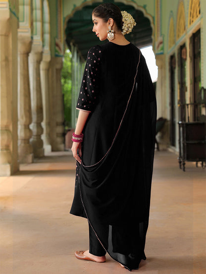 Janasya Women's Black Silk Blend Zari Yoke Embroidered Gold Printed Anarkali Kurta Set