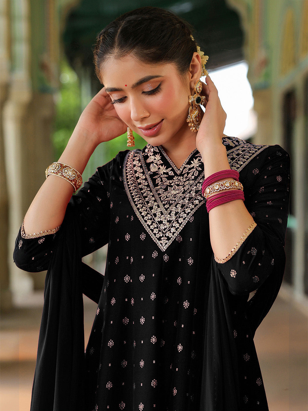 Janasya Women's Black Silk Blend Zari Yoke Embroidered Gold Printed Anarkali Kurta Set