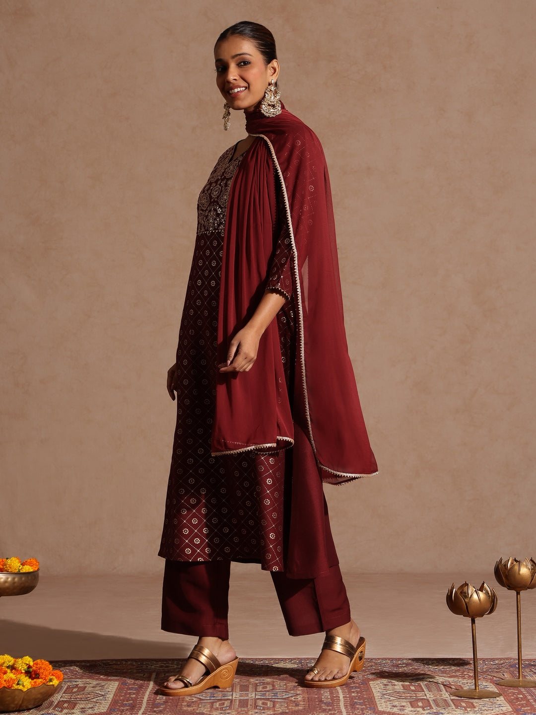 Janasya Women's Maroon Silk Blend Foil Printed Yoke Embroidered A-line Kurta Set