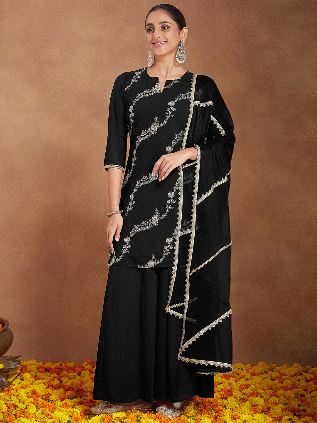 Janasya Women's Black Georgette Zari Embroidered Straight Kurta With Palazzo & Dupatta Set