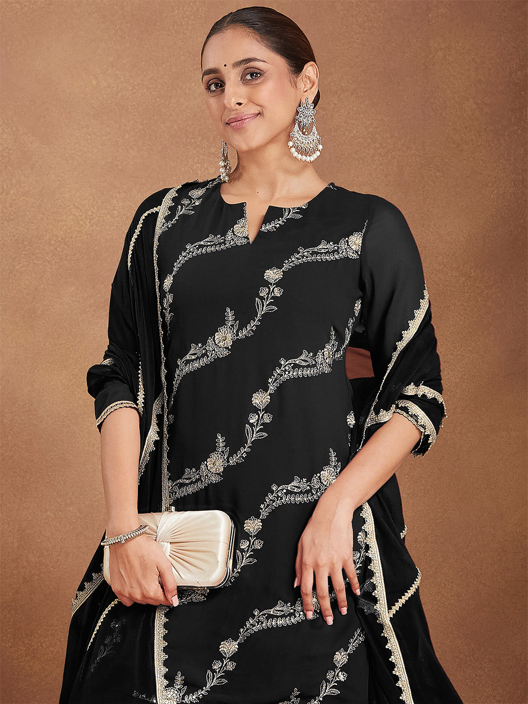 Janasya Women's Black Georgette Zari Embroidered Straight Kurta With Palazzo & Dupatta Set