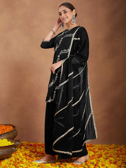 Janasya Women's Black Georgette Zari Embroidered Straight Kurta With Palazzo & Dupatta Set