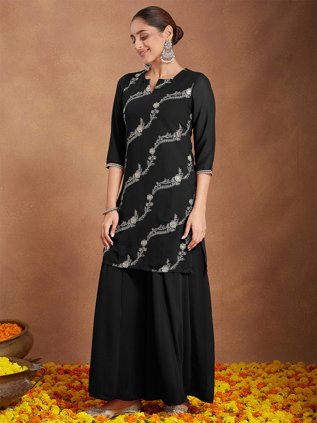 Janasya Women's Black Georgette Zari Embroidered Straight Kurta With Palazzo & Dupatta Set