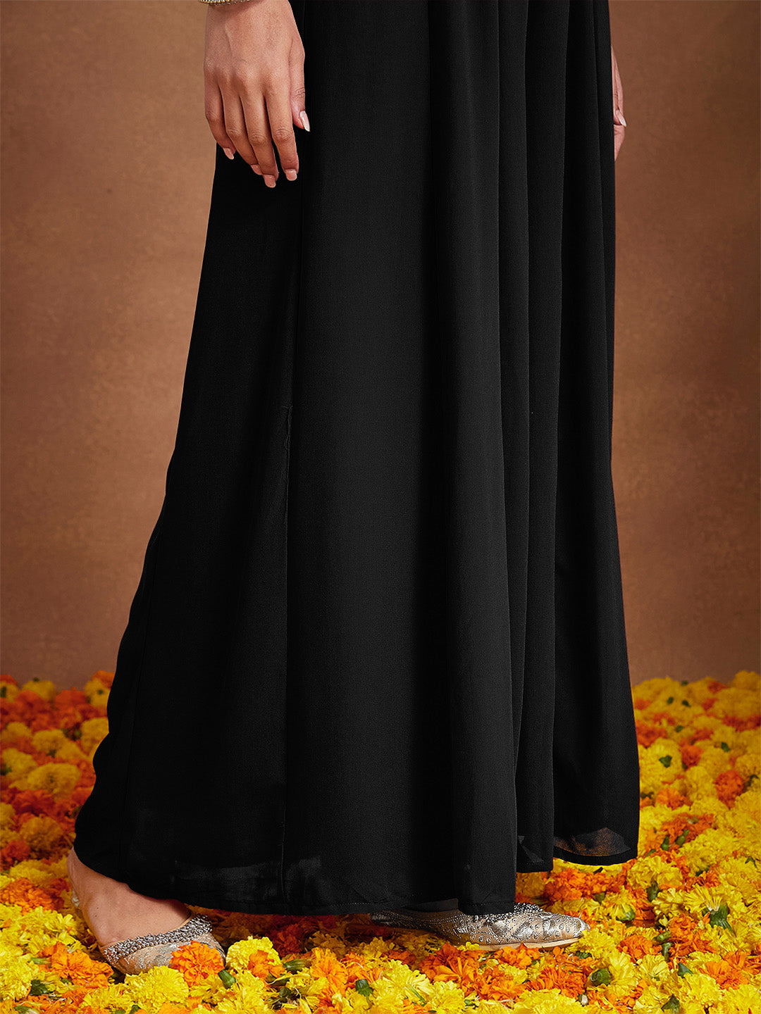 Janasya Women's Black Georgette Zari Embroidered Straight Kurta With Palazzo & Dupatta Set