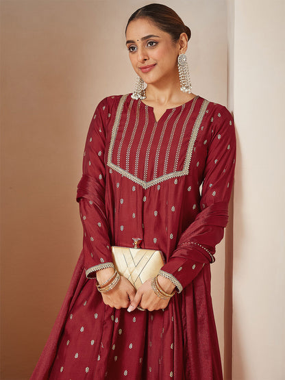 Janasya Women's Maroon Chanderi Silk Embellished Gold Printed Anarkali Kurta Set