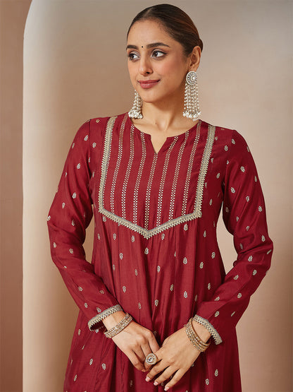 Janasya Women's Maroon Chanderi Silk Embellished Gold Printed Anarkali Kurta Set