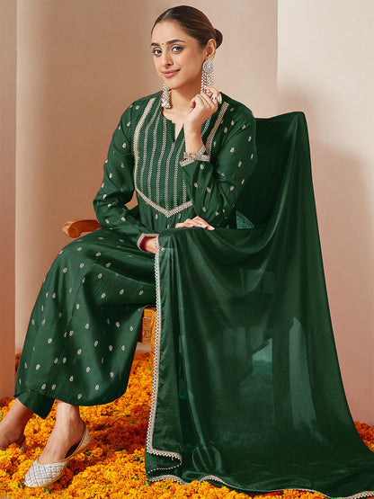 Janasya Women's Dark Green Chanderi Silk Embellished Gold Printed Anarkali Kurta Set