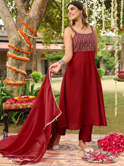 Janasya Women's Maroon Chanderi Silk Zari Embroiderd A-line Kurta Set