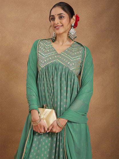 Janasya Women's Sage Green Georgette Embellished Gold Printed A-line Kurta Set