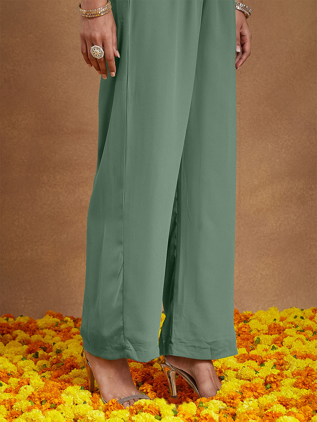 Janasya Women's Sage Green Georgette Embellished Gold Printed A-line Kurta Set