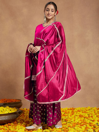 Janasya Women's Pink Silk Blend Embellished Straight Kurta With Sharara & Dupatta Set