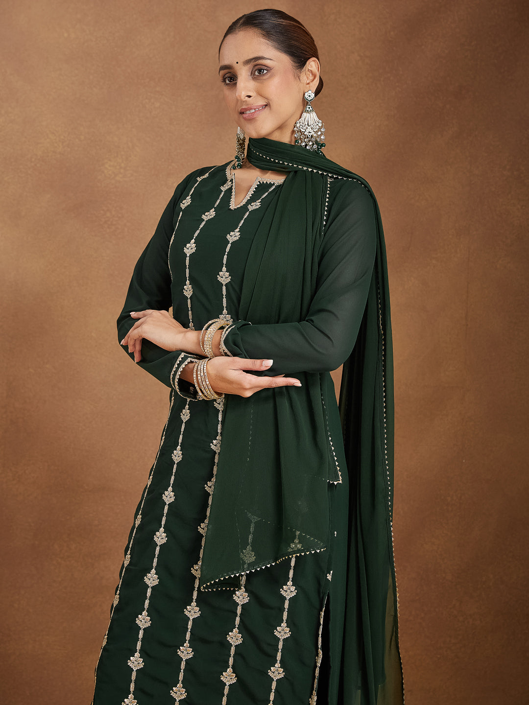 Janasya Women's Green Georgette Zari Embroidered Straight Kurta With Palazzo & Dupatta Set