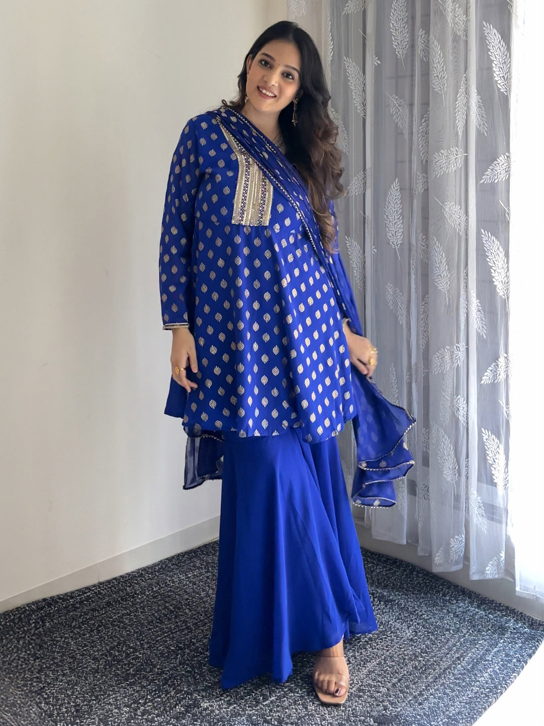 Janasya Women's Royal Blue Georgette Embellished Gold Printed A-line Kurta With Sharara & Dupatta Set