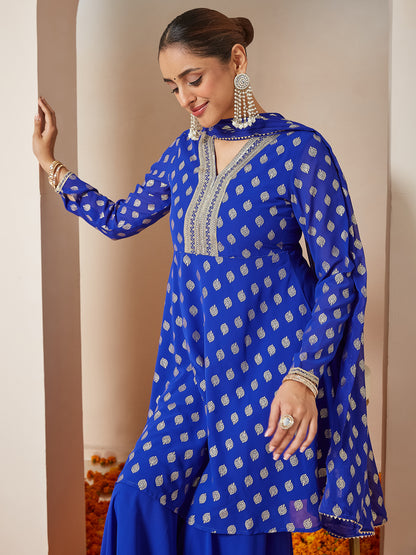 Janasya Women's Royal Blue Georgette Embellished Gold Printed A-line Kurta With Sharara & Dupatta Set