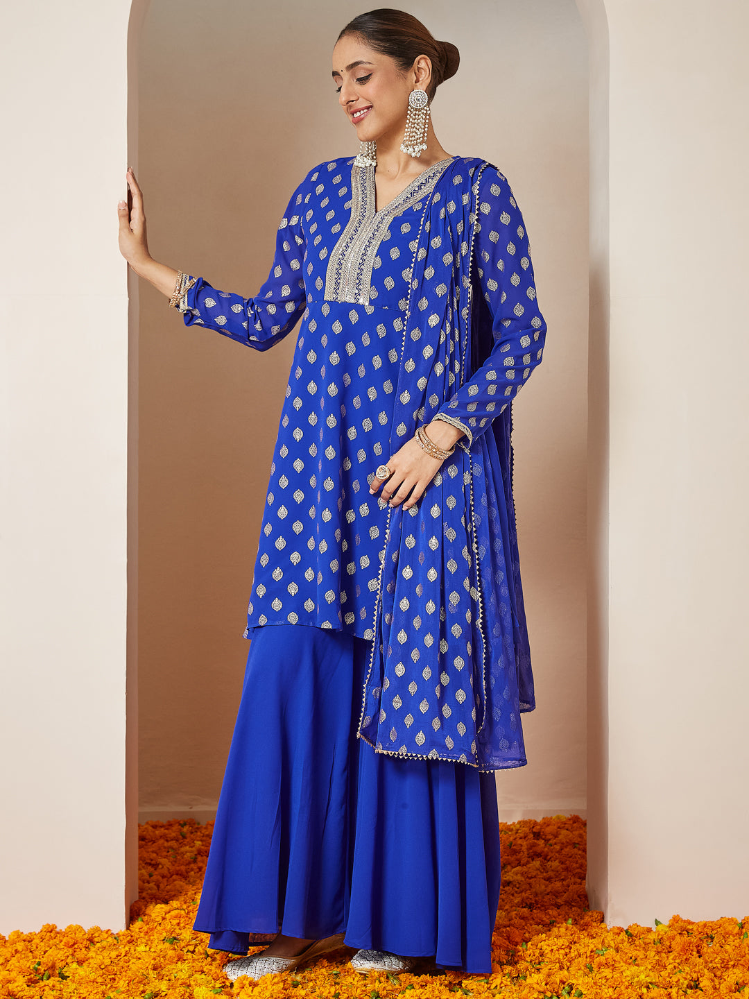 Janasya Women's Royal Blue Georgette Embellished Gold Printed A-line Kurta With Sharara & Dupatta Set