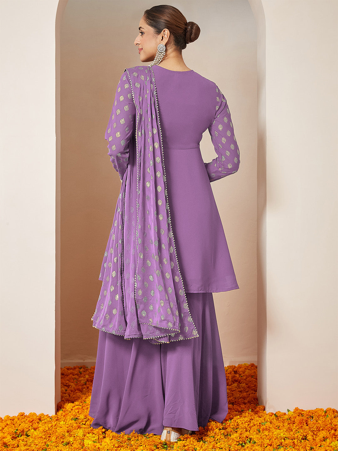 Janasya Women's Purple Georgette Embellished Gold Printed A-line Kurta With Sharara & Dupatta Set