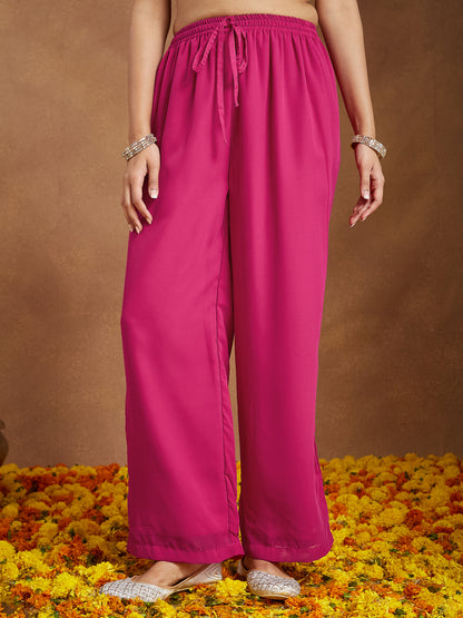 Janasya Women's Pink Georgette Embellished Straight Kurta With Palazzo Dupatta Set