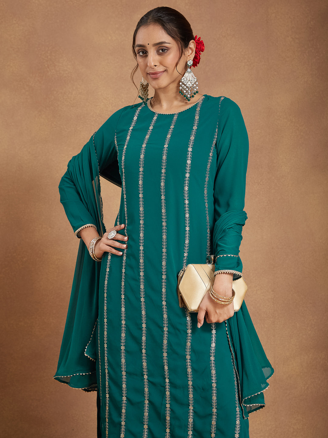 Janasya Women's Sea Green Georgette Embellished Straight Kurta With Palazzo & Dupatta Set