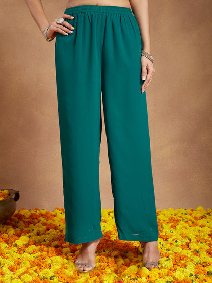 Janasya Women's Sea Green Georgette Embellished Straight Kurta With Palazzo & Dupatta Set