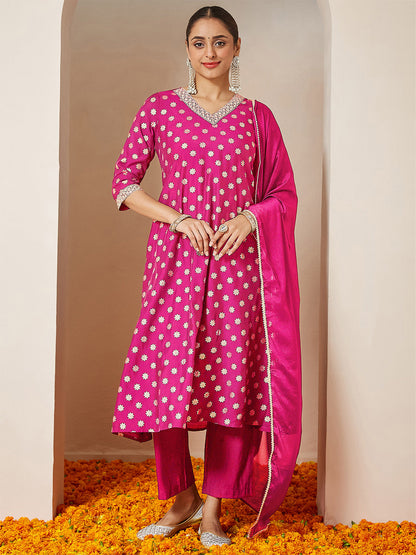 Janasya Women's Pink Chanderi Silk Foil Printed Embroidered A-line Kurta Set