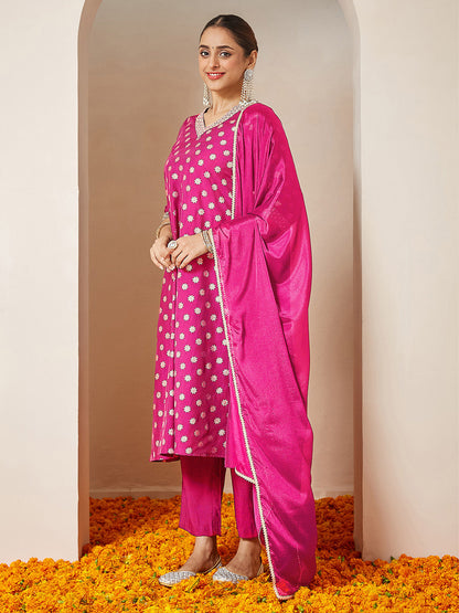 Janasya Women's Pink Chanderi Silk Foil Printed Embroidered A-line Kurta Set