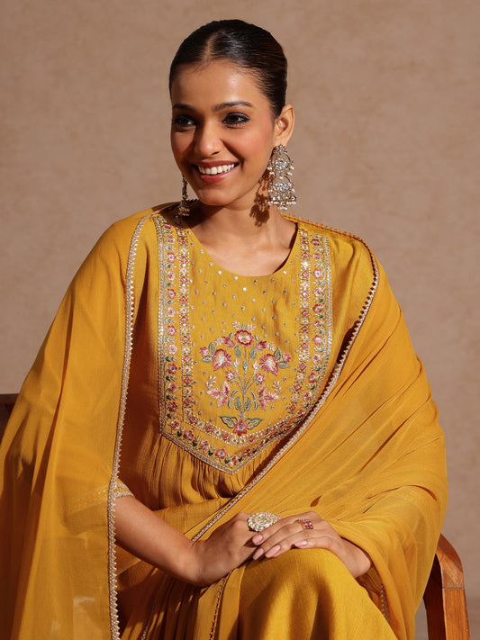 Janasya Women's Mustard Silk Blend Embroidered Straight Kurta Set