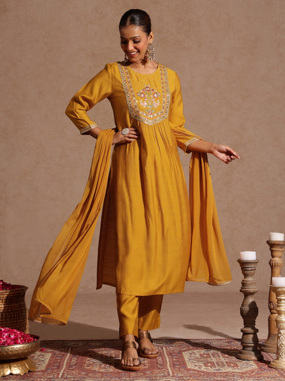 Janasya Women's Mustard Silk Blend Embroidered Straight Kurta Set