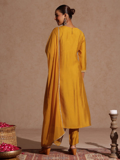 Janasya Women's Mustard Silk Blend Embroidered Straight Kurta Set