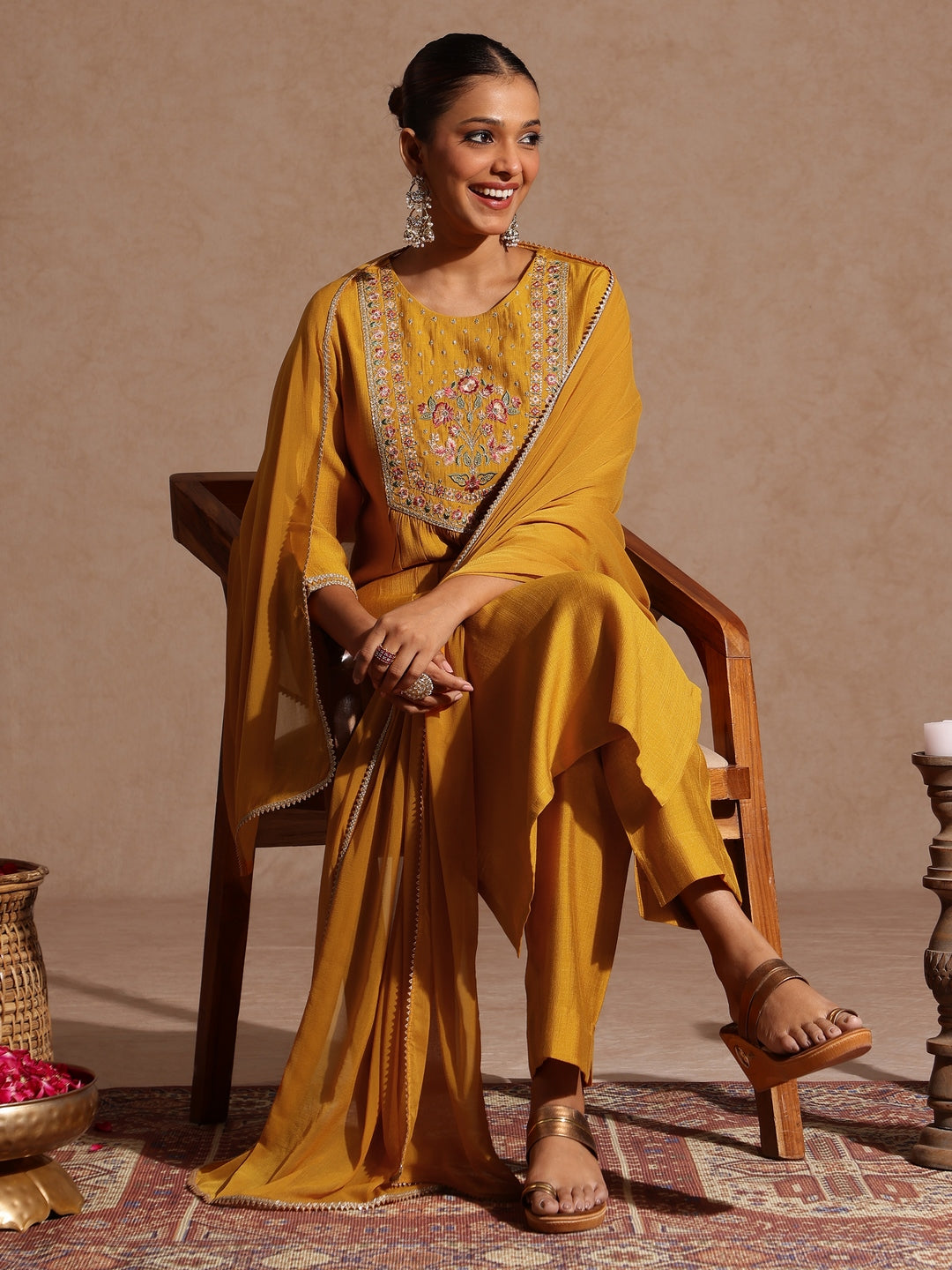 Janasya Women's Mustard Silk Blend Embroidered Straight Kurta Set