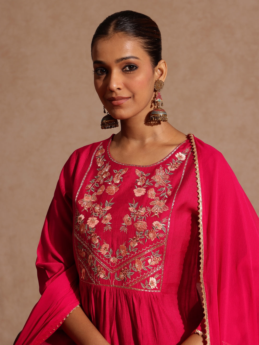 Janasya Women's Pink Silk Blend Yoke Embroidered A-line Kurta Set