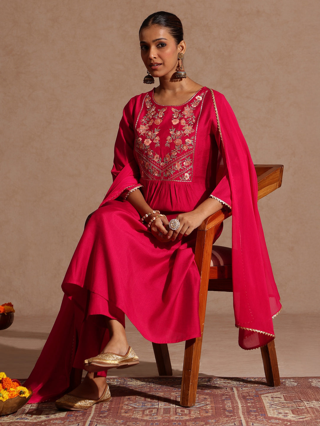 Janasya Women's Pink Silk Blend Yoke Embroidered A-line Kurta Set